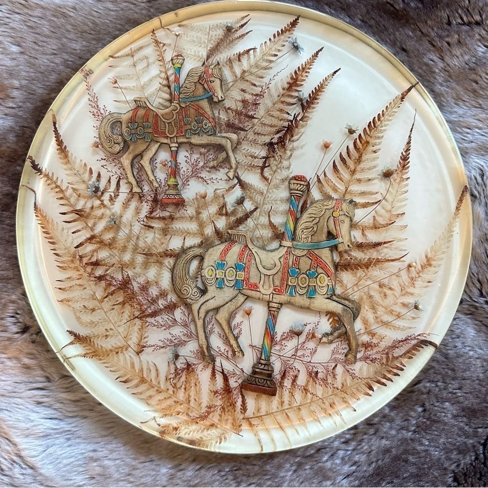 Vintage Carousel Horse Acrylic Pressed Flowers Turntable Tray 12.75"
